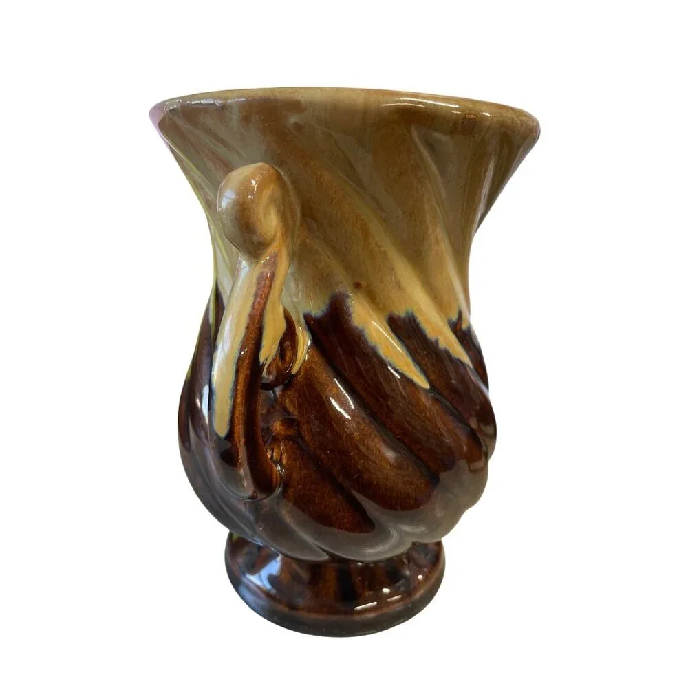 Vintage Brown & Tan Ceramic Vase With Swirled Handles &‎ Drip Glaze Finish